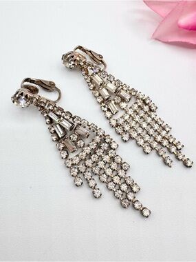 Vintage Crystal Rhinestone Tassel Clip On Earrings Baguette Old Hollywood Bridal